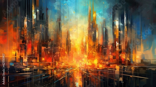 Science fiction epic metropolis. an abstract, electronic painting universe. contemporary conceptual art. A vividly colored landscape