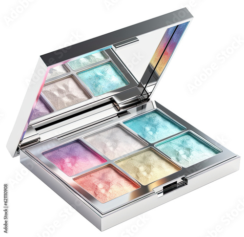Fototapet iridescent eyeshadow palette in a silver case isolated on transparent background