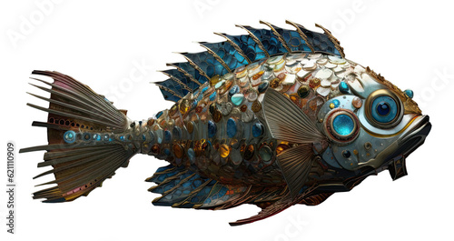 mechanical fish with gemstones isolated on transparent background cutout, generative ai