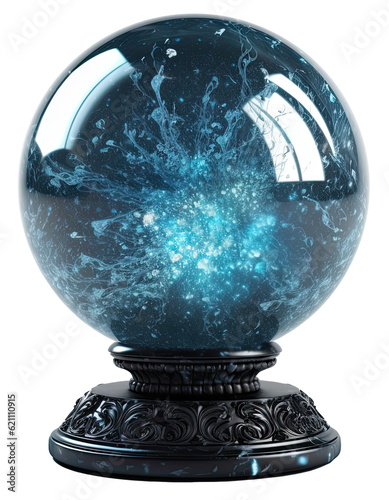 crystal ball, blue magic gazing ball on a beautiful stand isolated on transparent background cutout, generative ai