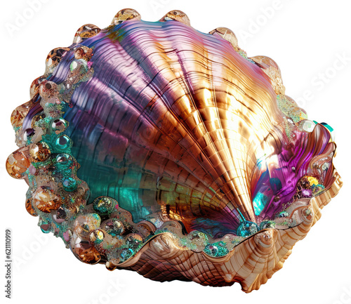 metallic rainbow shell with jewels undersea fantasy isolated on transparent background cutout, generative ai