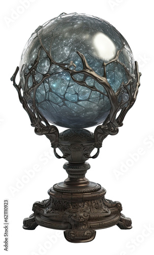 old crystal ball, magic gazing ball on a beautiful stand isolated on transparent background cutout, generative ai