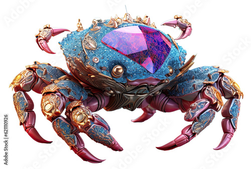 robotic crab encrusted in gemstones undersea fantasy isolated on transparent background cutout, generative ai