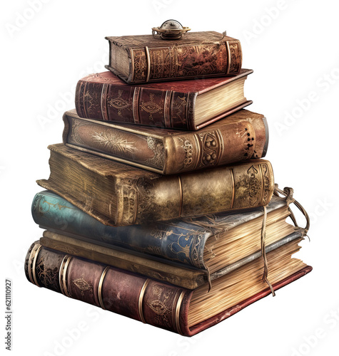stack of old dark academia magic books isolated on transparent background cutout, generative ai