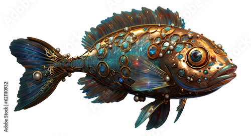 steampunk mechanical fish with gemstones isolated on transparent background cutout, generative ai