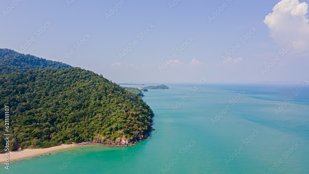 High angle drone shot of Kao Lanta, Krabi, Thailand on a clear day in the summer, suitable for family travel. walking tour resting