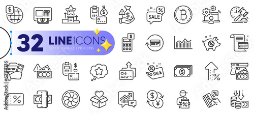 Outline set of Discount banner, Sale and Deflation line icons for web with Rent car, Currency exchange, Refund commission thin icon. Payment, Phishing, Piggy sale pictogram icon. Banking. Vector