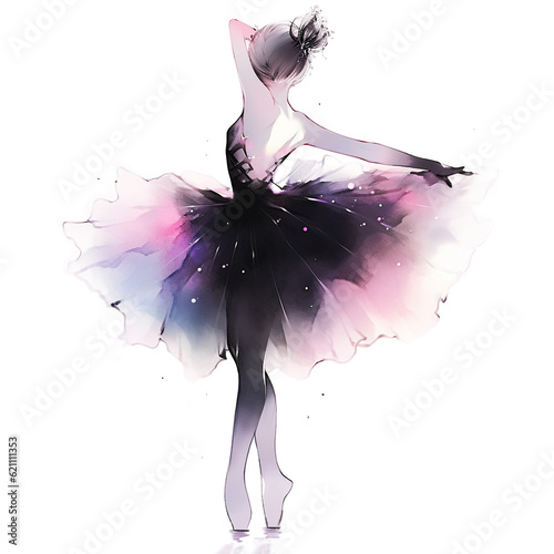 watercolor ballerina in black dress tutu. Isolated painting sketch on white background. photo