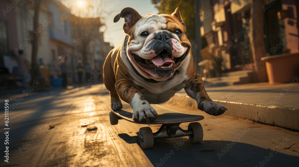 Naklejka premium A bulldog riding skateboard on the street