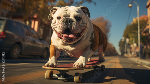 A bulldog riding skateboard on the street © didiksaputra