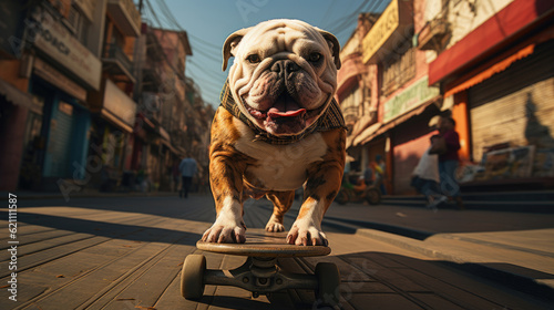 A bulldog riding skateboard on the street © didiksaputra
