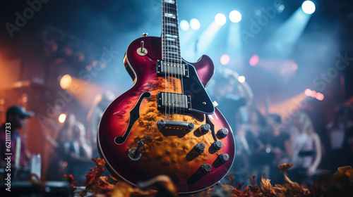 Close-up of electric guitar on a stand on stage