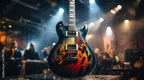 Close-up of electric guitar on a stand on stage