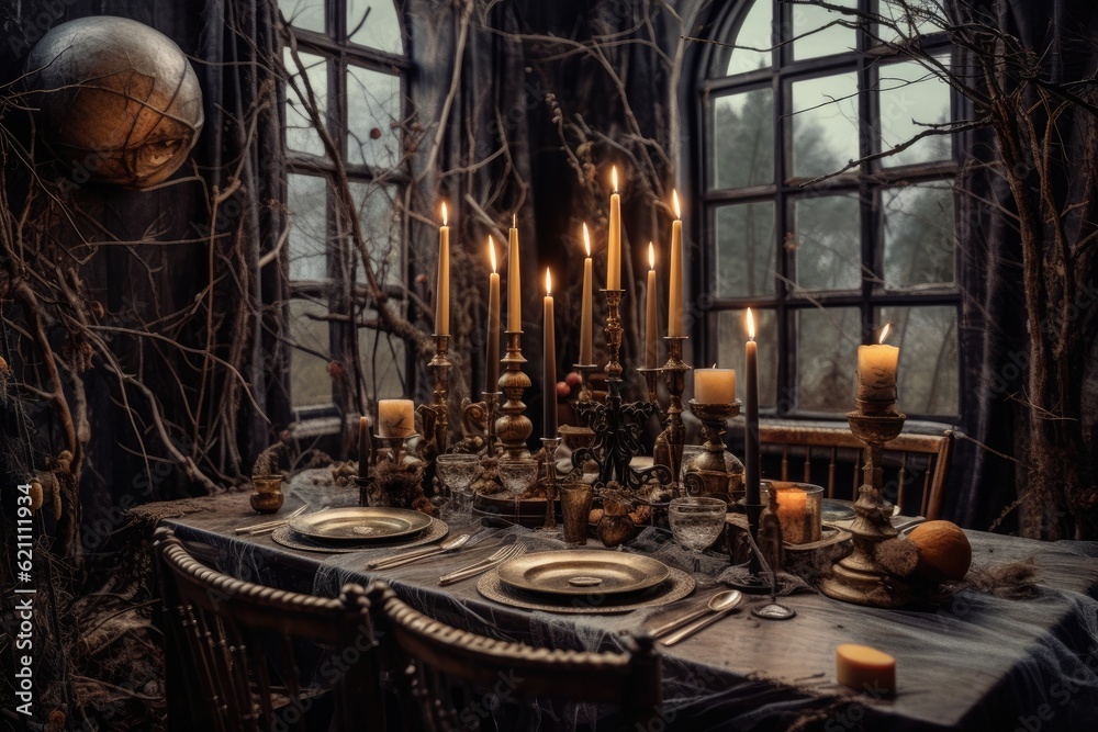 Party in the foreground for Halloween a full moon and an antique table decorated with candles and branches