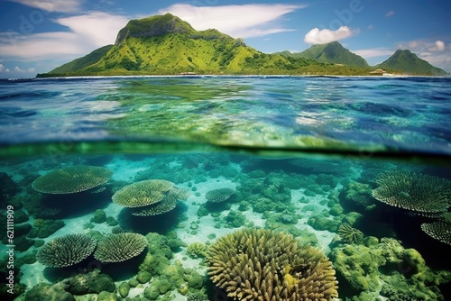 A coral reef in the Pacific Ocean off the coast of French Polynesia may be seen in this natural landscape.