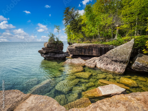 Foto Rocky coastline of Lake Superior in Big Bay State Park in La Pointe on Madeline