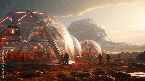 Foto Martian colony in exploration, terraforming, Moon Dome City, geodesic domes on the surface of Mars