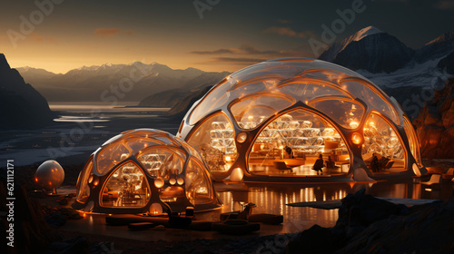 Futuristic big structure in martian planet, 3d rendering, panormaic space lounge bar on Mars, geodesic dome for tourist relax, futuristic buildings, mars vacation, scifi fantasy Ai art, space tourism photo