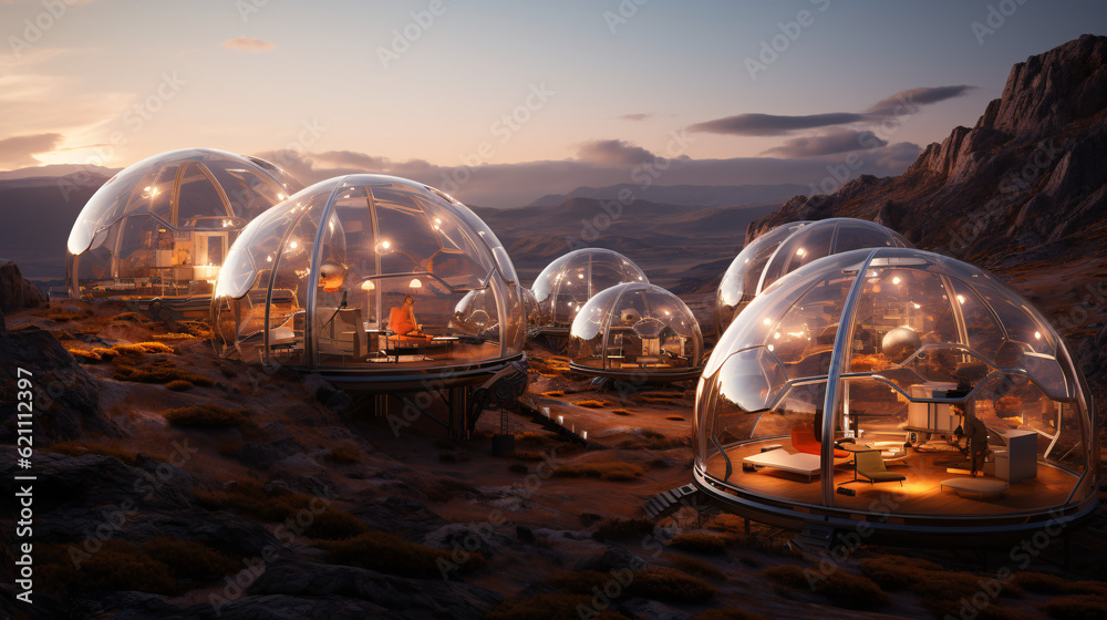 Exploring martian Colony, terraforming, Moon Dome City, geodesic domes on Mars surface. 3D renderings of glass huts. Metal and glass geodesic dome houses. Ai generated, pioneer space research, sci-fi - obrazy, fototapety, plakaty 