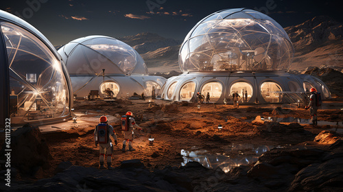 Project of Futuristic buildings in the Mars alien desert, pioneering conceptual art of house, martian architecture, innovative glass geodesic dome, structure on exoplanet. AI 3d rendering, digital art