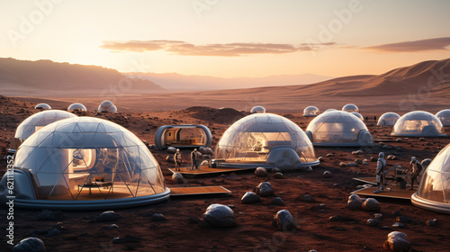 Small futuristic domes in the Martian desert, 3D rendering, space mission to Mars, cluster of glass geodesic domes, Martian village of futuristic huts, scifi Ai art, camp of space travellers