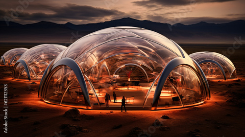 Fototapeta Naklejka Na Ścianę i Meble -  Futuristic big structure in the martian planet, concept art, 3d illustration, space station on Mars, geodesic dome, futuristic buildings, mars vacation, scifi architecture, Ai art, space tourism