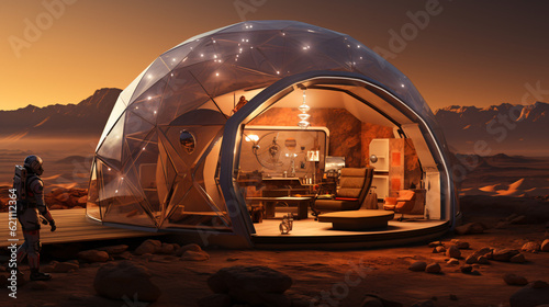 Visualisation of sci-fi open geodesic dome with elegant cosy furnished lounge, surrounded by the Martian desert. Space travel and terraforming, astronaut inhabiting Mars, colonies on distant planets