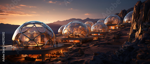 Exploring martian Colony, terraforming, Moon Dome City, geodesic domes on Mars surface. 3D renderings of glass huts. Metal and glass geodesic dome houses. Ai generated Geodesic bubbles