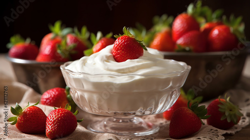 Strawberries adorned with velvety cream, creating a tantalizing dessert that promises a delightful burst of flavors. Generative AI 