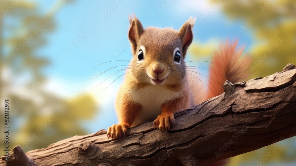 Small squirrel nibbles on a nut while perched on a branch, its adorable eyes gleaming with curiosity. Generative AI Small squirrel nibbles on a nut while perched on a branch, its adorable eyes gleaming with curiosity. Generative AI