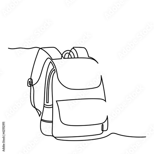 Backpack, school bag for school students in continuous line style. Back to school concept. Hand drawn, line art. Icon. Graphic design, vector, illustration