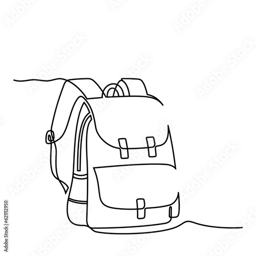 Backpack, school bag for school students in continuous line style. Back to school concept. Hand drawn, line art. Icon. Graphic design, vector, illustration