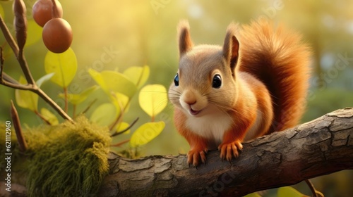 Small squirrel nibbles on a nut while perched on a branch, its adorable eyes gleaming with curiosity. Generative AI