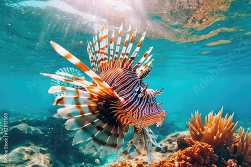 Underwater, a predatory lionfish was photographed. A deadly redfish lives on a tropical reef. Snorkeling among the diverse aquatic life of the coral reef. coral reefs, fish, and the sea photo