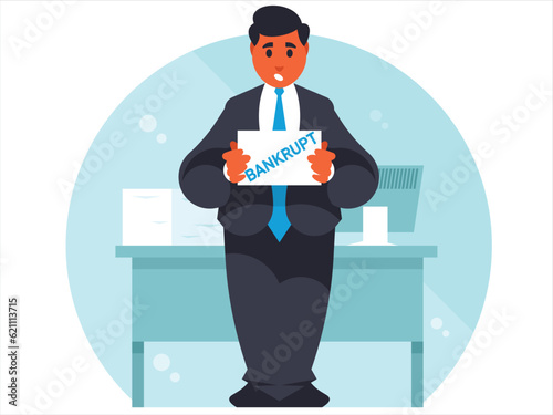 Bankrupt worker. Bankruptcy. The businessman is desperate. Man stands with a bankrupt sign. Vector graphics