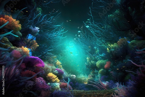undersea coral reef, coral lagoon, and landscape when snorkeling. made using generative AI tools © 2rogan