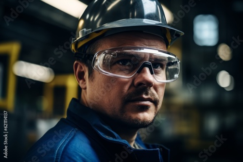Focused worker man portret technological industrial complex factory production line workers face safety measures eyewear manufacturing mechanical scientific close-up employee enthusiasm concentration