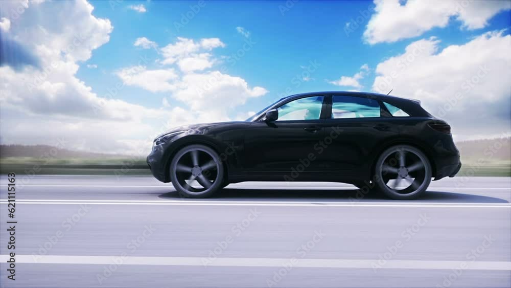 Luxury black car on highway. Very fast driving. Luxury black car on highway. Very fast driving.