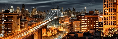 New York panoramic  view from hotel window at night city street ,building  windows blurred light 