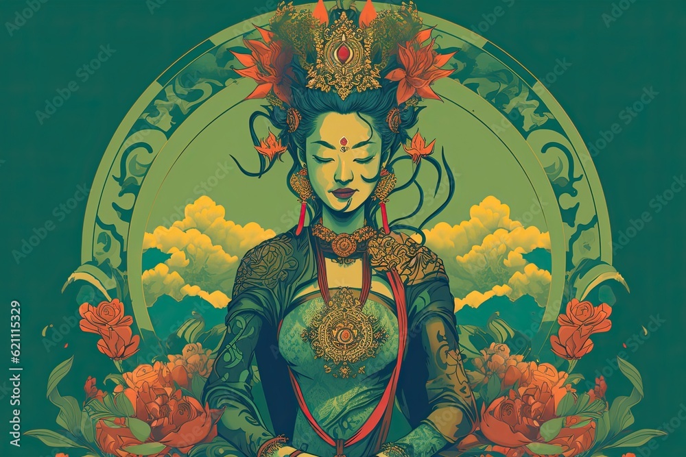 beautiful green tara buddha, illustration, generative ai - obrazy, fototapety, plakaty 