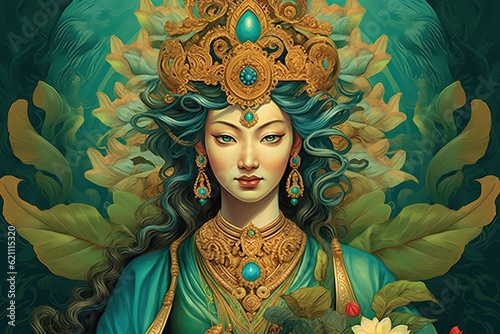 beautiful green tara buddha, illustration, generative ai photo