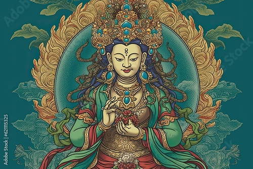 beautiful green tara buddha, illustration, generative ai