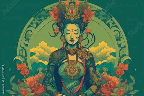 beautiful green tara buddha, illustration, generative ai