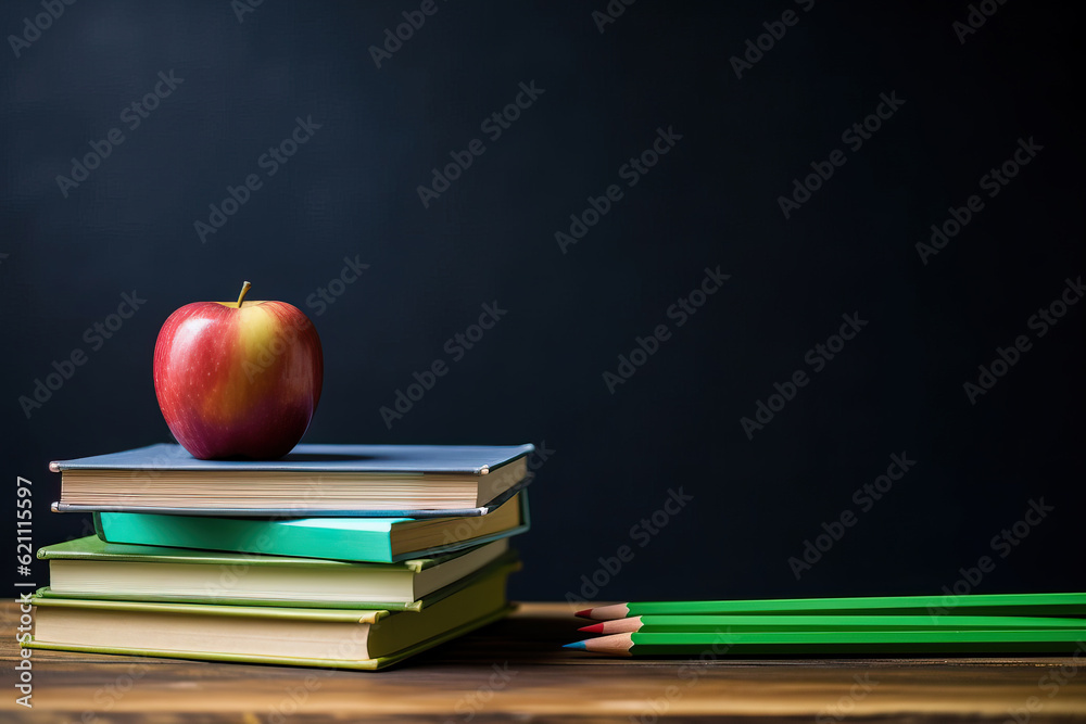 Illustration of a stack of books with an apple on top, symbolizing the start of a new school year created with Generative AI technology