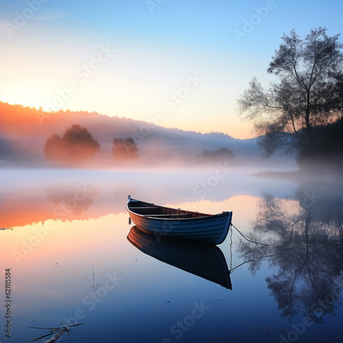 Peaceful dawn over a calm lake with a solitary rowing boat in the distance