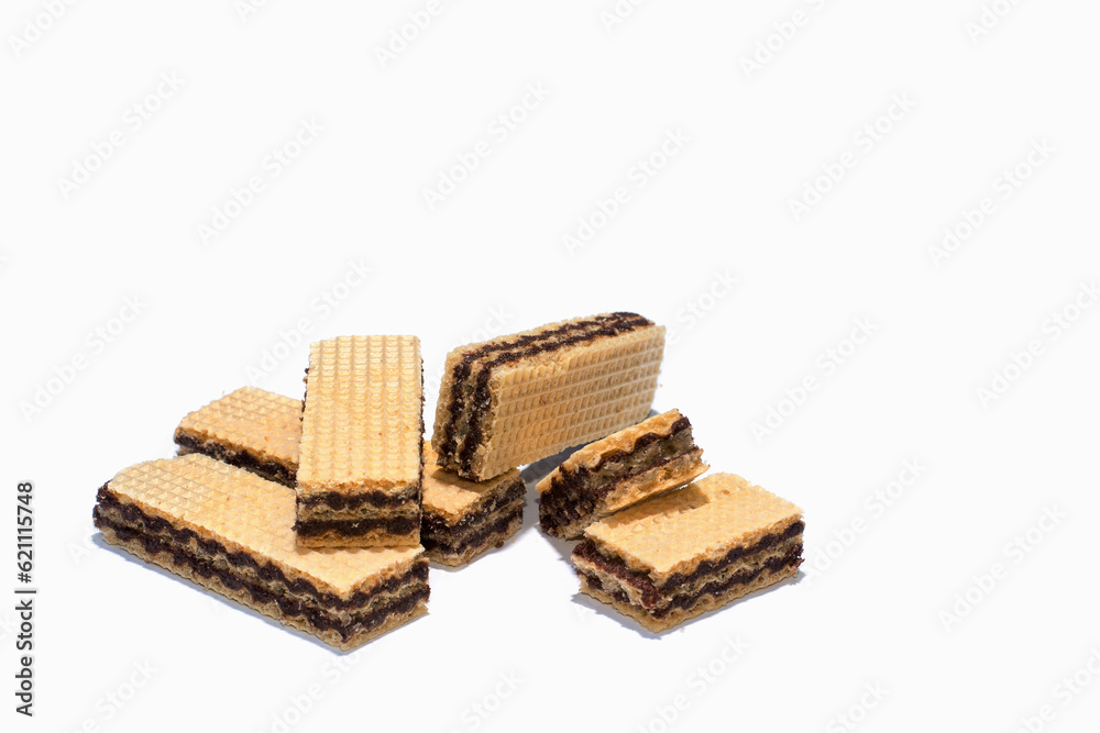 chocolate wafer on white background, selective focus on object. chocolate wafer on white background, selective focus on object.