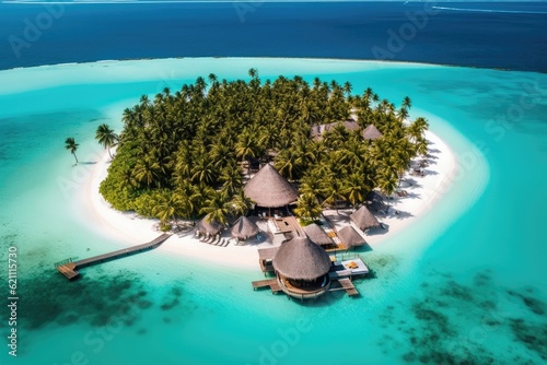 The Maldives have gorgeous islands. Amazing views of the sea, a lagoon, a beach, and tropical vegetation from above in a tropical environment with a long jetty.
