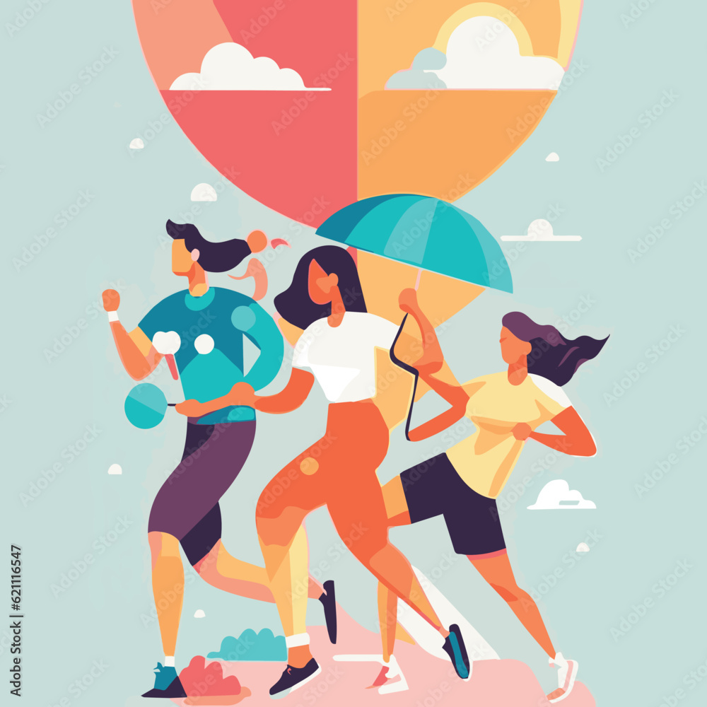 Simple flat design illustration depicting a group of diverse individuals engaging in a fun outdoor activity that promotes physical fitness and active lifestyles