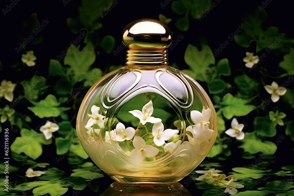 Floral perfume with jasmine flower scent. Glass bottle, scent spray bottle with fragrance. ai generative Floral perfume with jasmine flower scent. Glass bottle, scent spray bottle with fragrance. ai generative