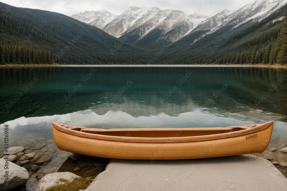 A canoe resting on the edge of a placid lake